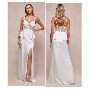Lulus Iconic Adoration White Satin Peplum Sheer Bustier Maxi Dress Small Bridal